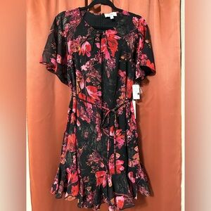 NWT CeCe Floral Sheer Overlay Dress with Metallic Accents